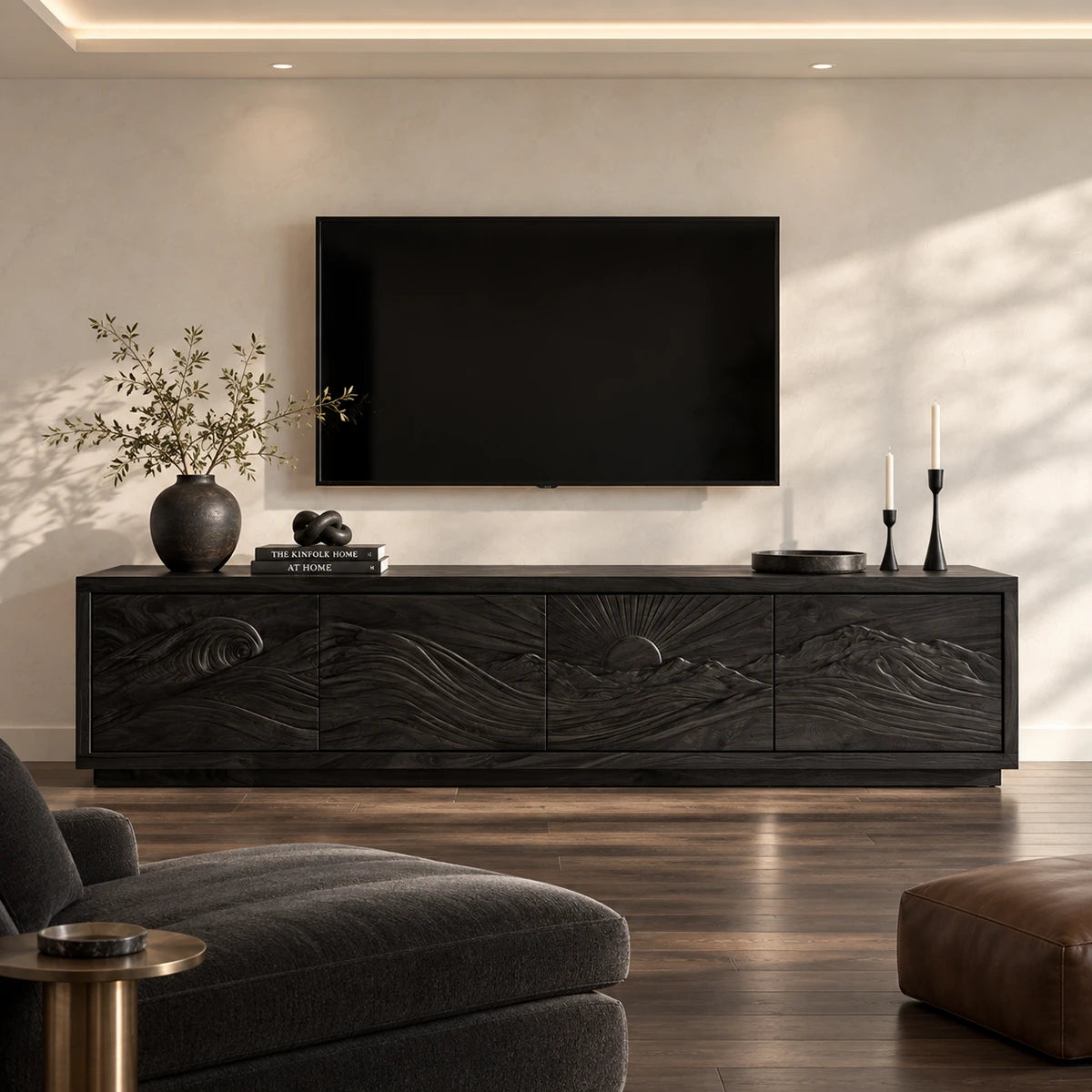 Living room TV console in solid wood with decorative relief doors and storage base
