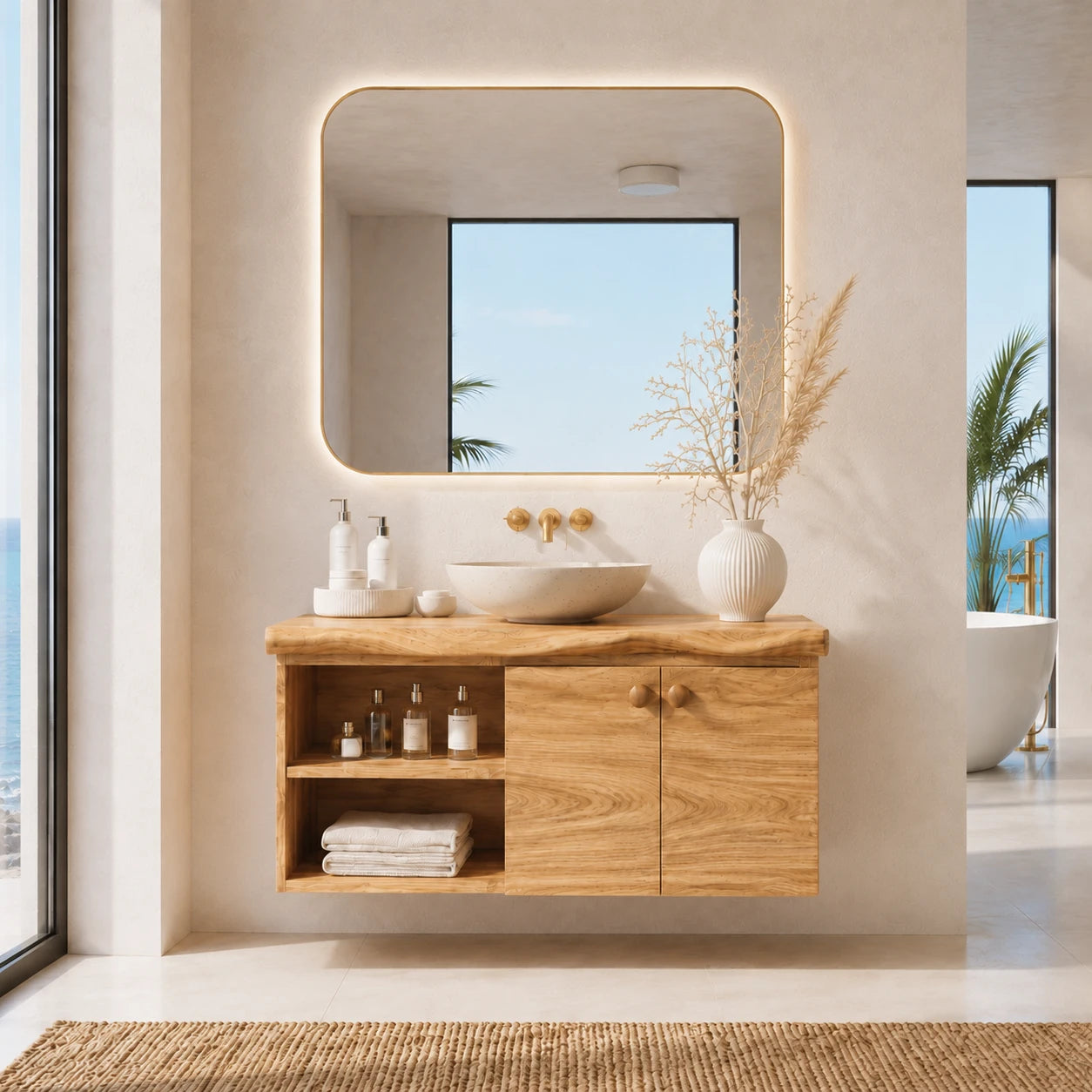 Sculpted Edge Floating Bathroom Vanity With Twin Shelves and Two Cabinet Doors - ArborisWood - 12