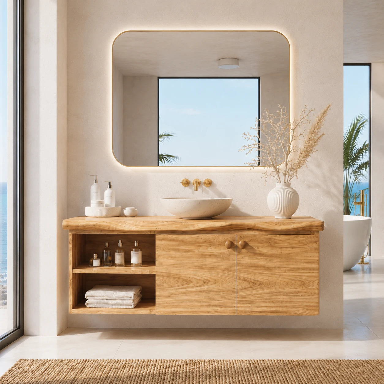 Sculpted Edge Floating Bathroom Vanity With Twin Shelves and Two Cabinet Doors - ArborisWood - 3