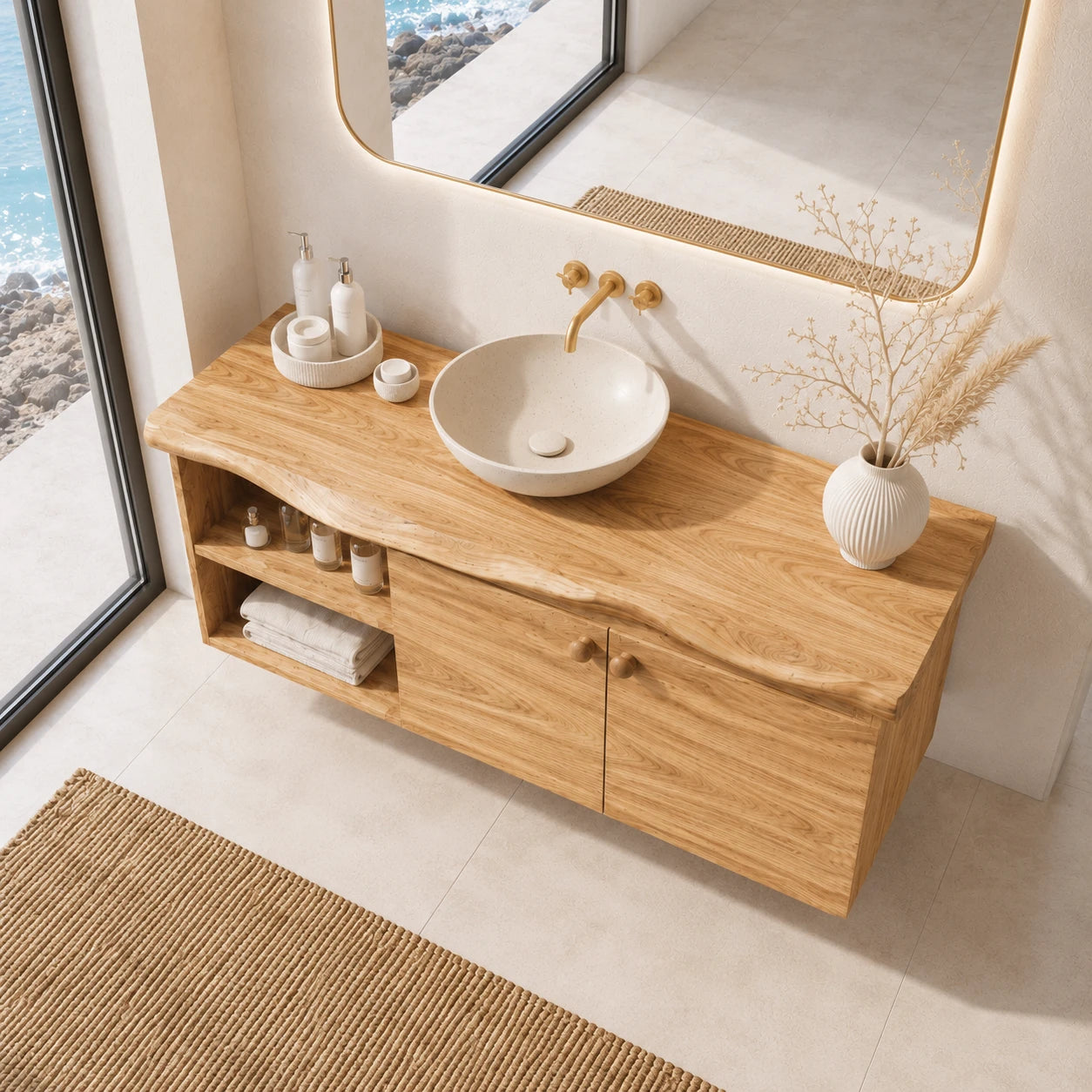Sculpted Edge Floating Bathroom Vanity With Twin Shelves and Two Cabinet Doors - ArborisWood - 5