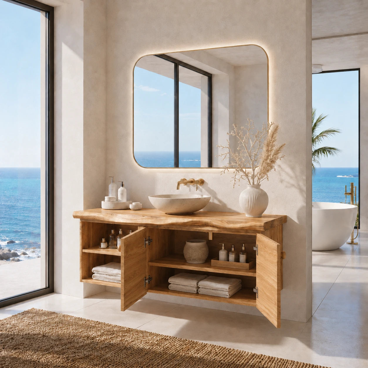 Sculpted Edge Floating Bathroom Vanity With Twin Shelves and Two Cabinet Doors - ArborisWood - 6