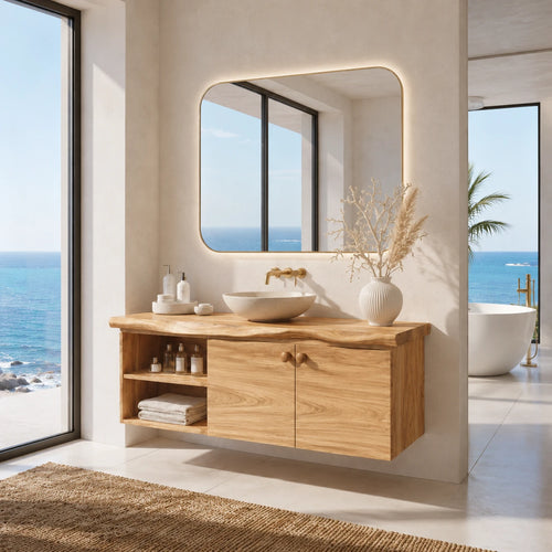 Sculpted Edge Floating Bathroom Vanity With Twin Shelves and Two Cabinet Doors - ArborisWood