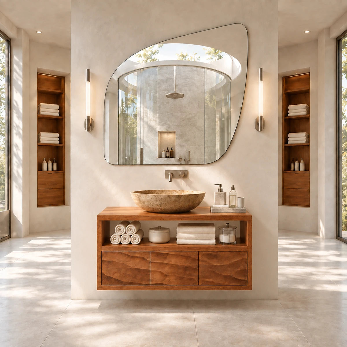 Refined vanity cabinet in natural solid wood with balanced storage layout and shelf