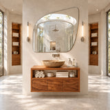 Refined vanity cabinet in natural solid wood with balanced storage layout and shelf