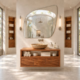 Architectural bathroom vanity in natural solid wood with shelf and drawer storage