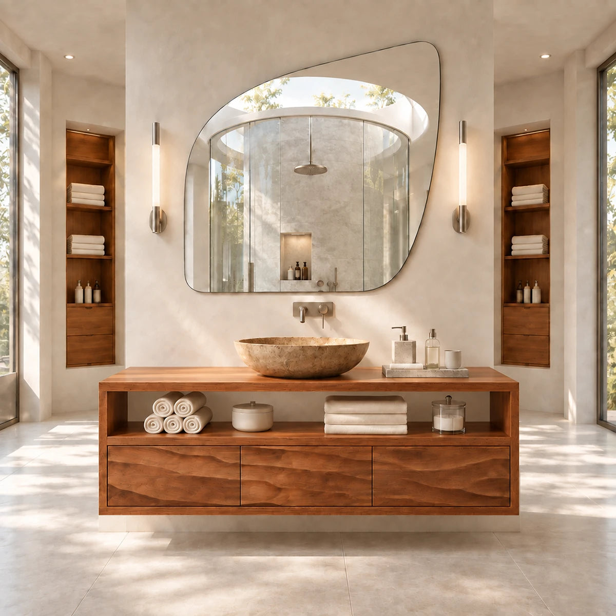 1. Statement bath vanity in natural solid wood with open display and drawer base unit