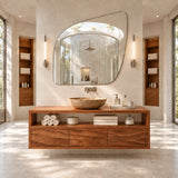 1. Statement bath vanity in natural solid wood with open display and drawer base unit