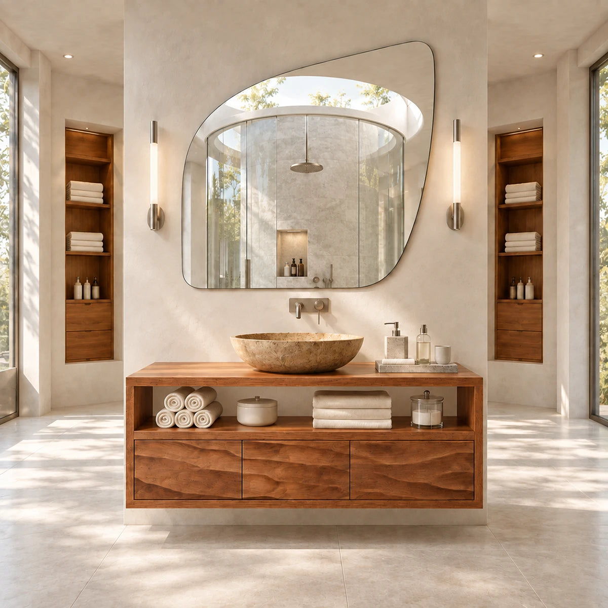 Bathroom vanity in natural solid wood with open shelf storage and three drawer fronts