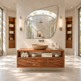 Bathroom vanity in natural solid wood with open shelf storage and three drawer fronts