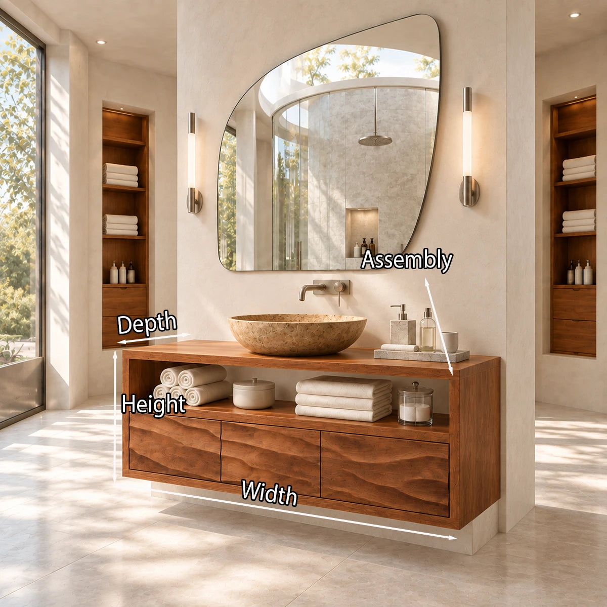 Natural solid wood bath furniture with shelf display and integrated drawer storage