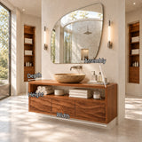 Natural solid wood bath furniture with shelf display and integrated drawer storage