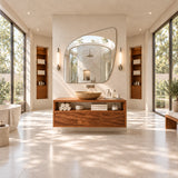 Bath vanity cabinet in natural solid wood with display shelf and integrated drawers
