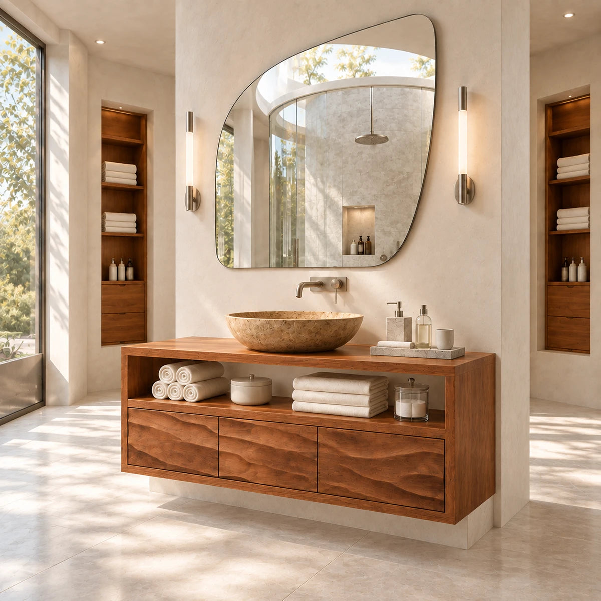 Natural solid wood vanity unit with upper shelf detail and clean drawer line design