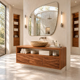 Natural solid wood vanity unit with upper shelf detail and clean drawer line design