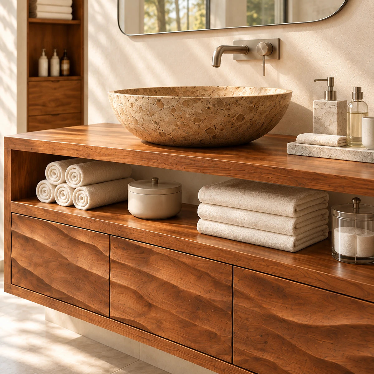 Modern bathroom cabinet in natural solid wood with shelf space and triple drawers