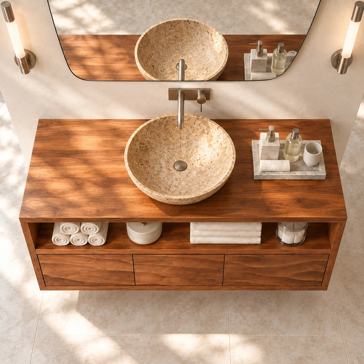 Freestanding vanity cabinet in natural solid wood with open shelf and drawer storage