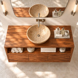 Freestanding vanity cabinet in natural solid wood with open shelf and drawer storage