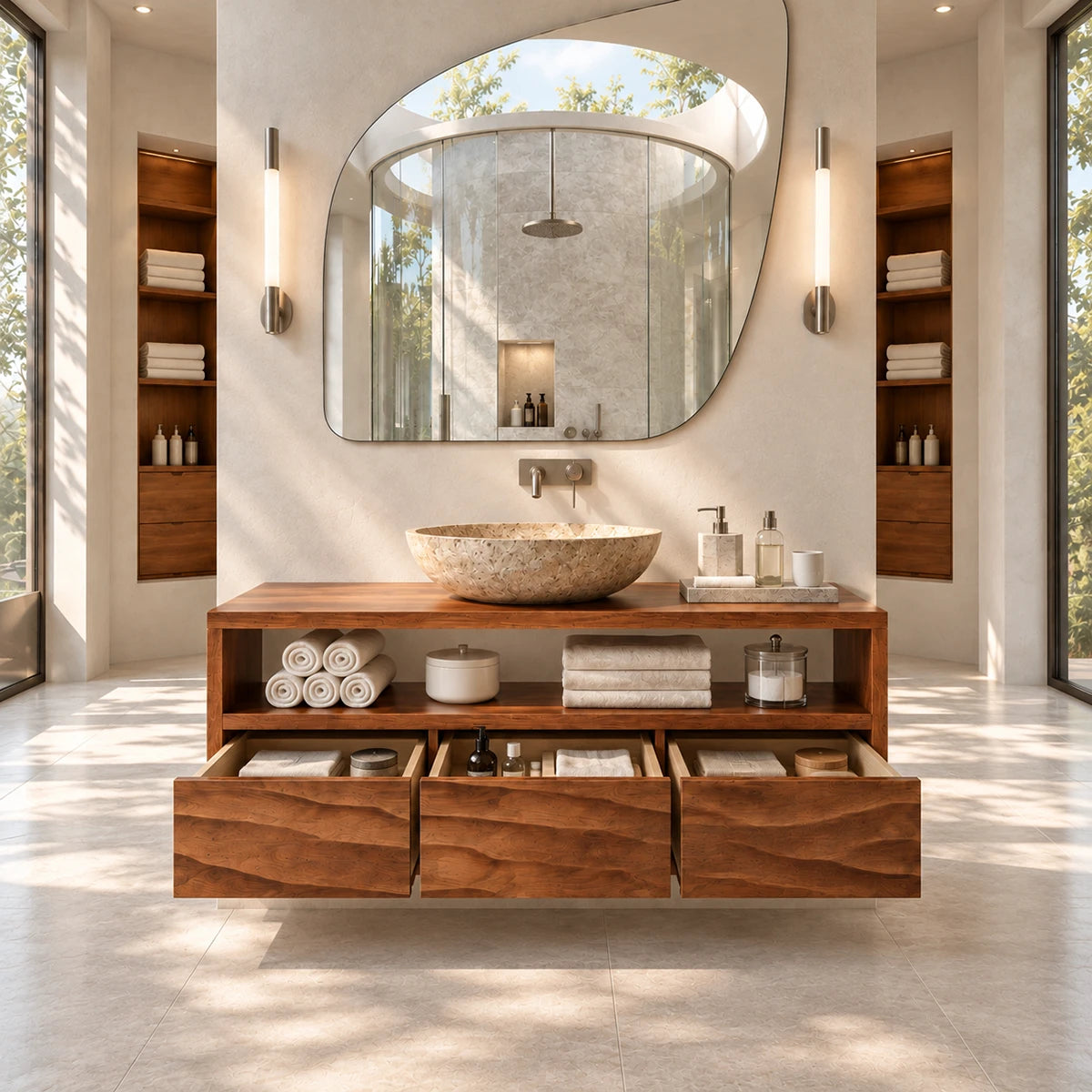 Bathroom storage vanity in natural solid wood with streamlined shelf and drawers