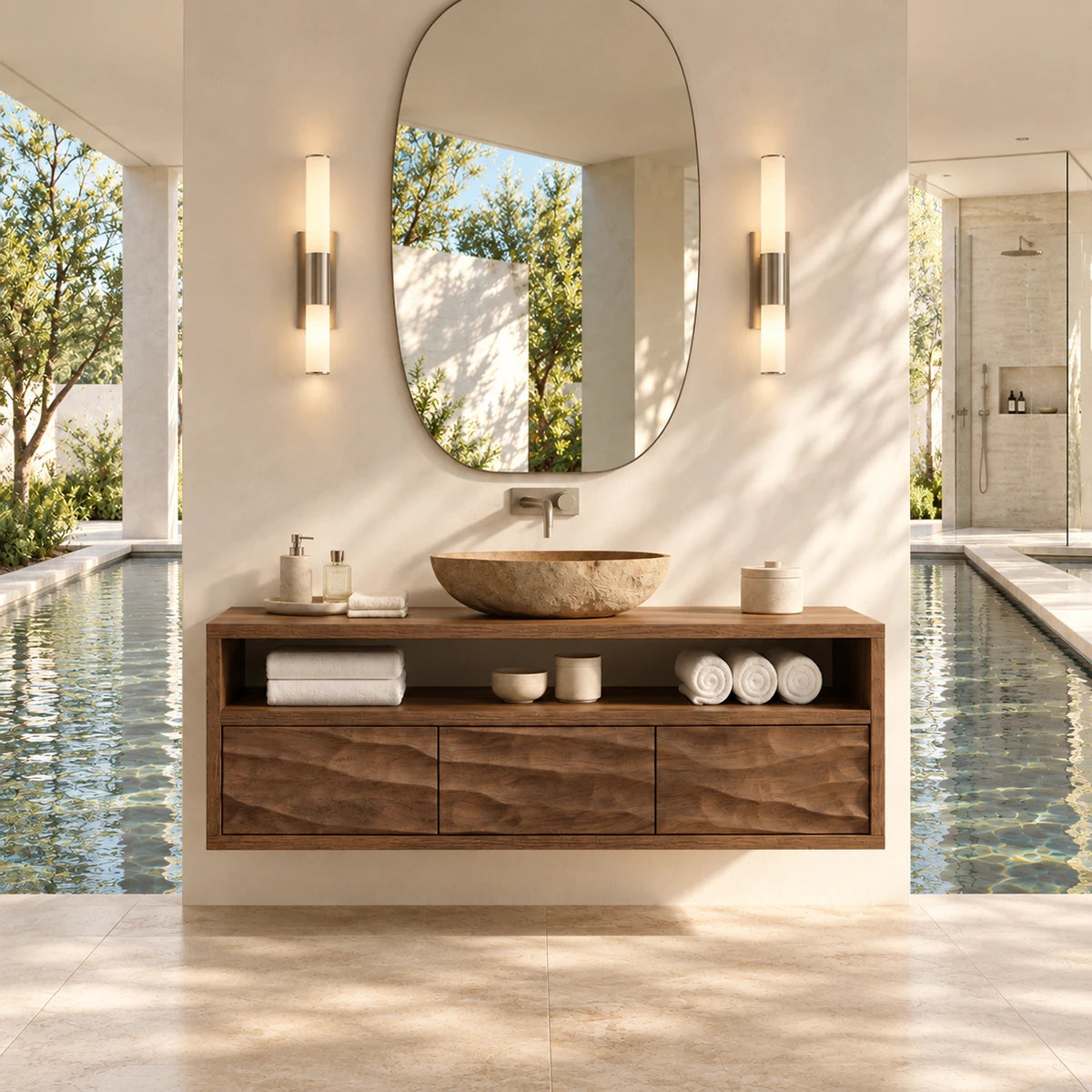 Contemporary bath cabinet in natural solid wood with organized shelf storage unit