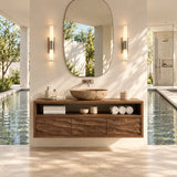 Contemporary bath cabinet in natural solid wood with organized shelf storage unit