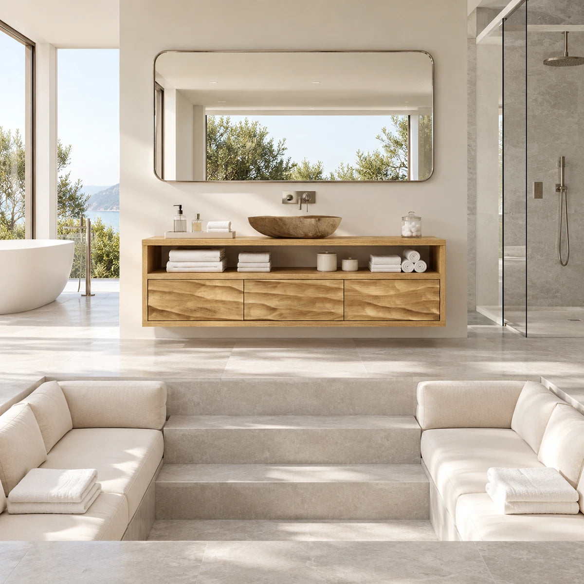 Designer vanity furniture in natural solid wood with open shelf and drawer storage