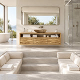 Designer vanity furniture in natural solid wood with open shelf and drawer storage