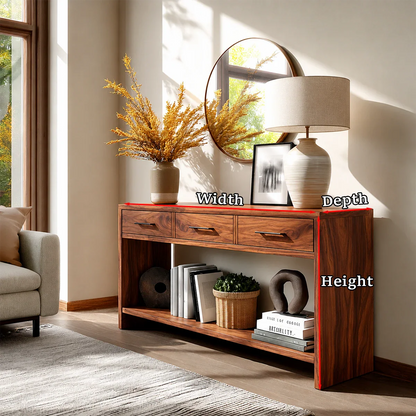 Sculpted Natural Solid Wood Console Table With Drawers and Open Shelf - ArborisWood - 10