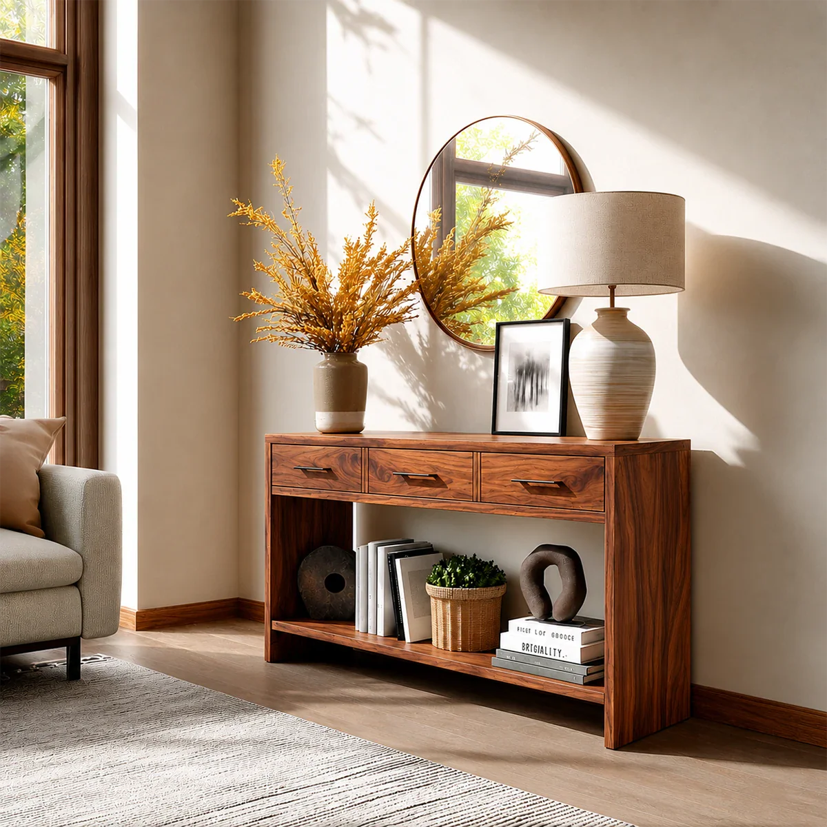 Sculpted Natural Solid Wood Console Table With Drawers and Open Shelf - ArborisWood - 11