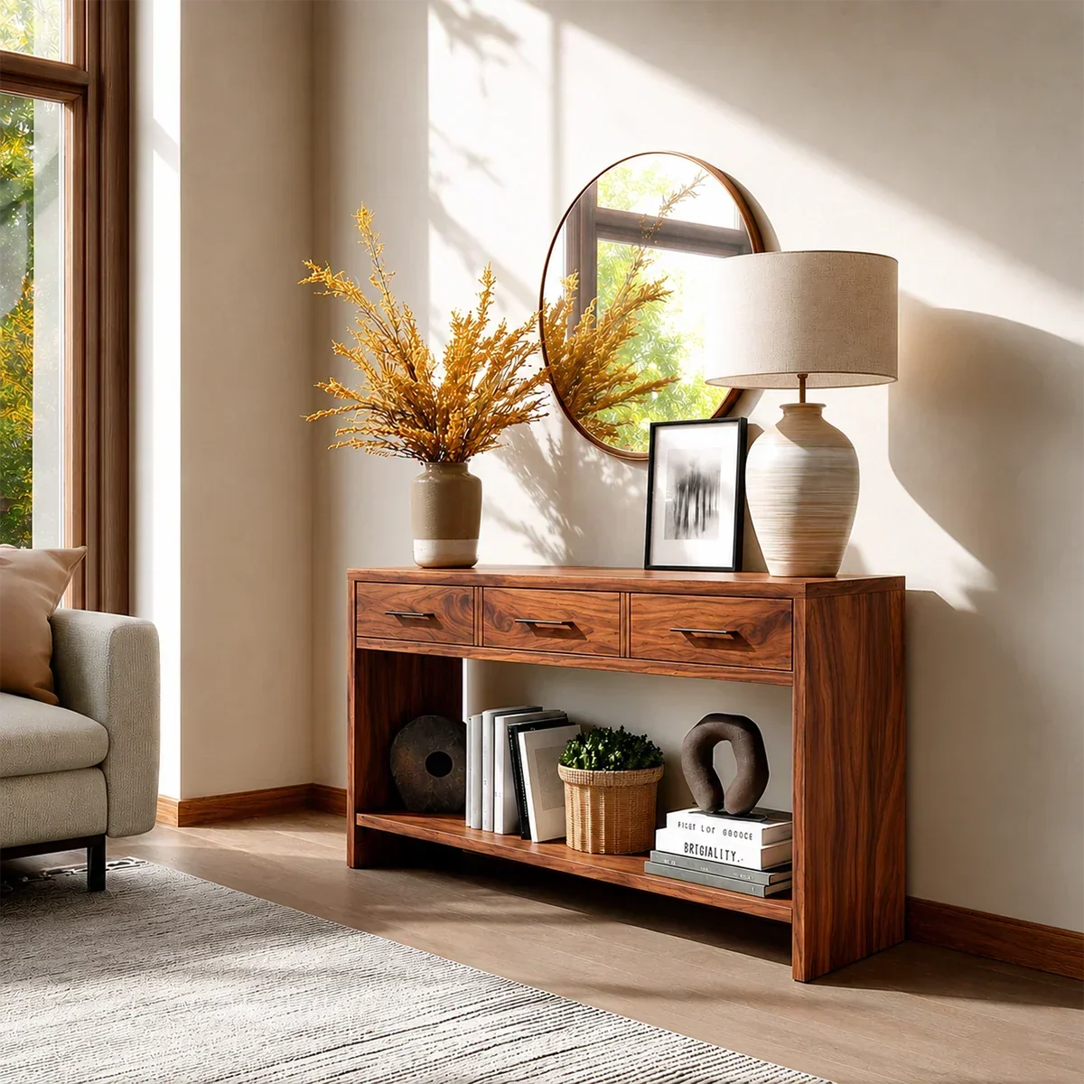 Sculpted Natural Solid Wood Console Table With Drawers and Open Shelf - Arboriswood - 11