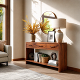 Sculpted Natural Solid Wood Console Table With Drawers and Open Shelf - Arboriswood - 11