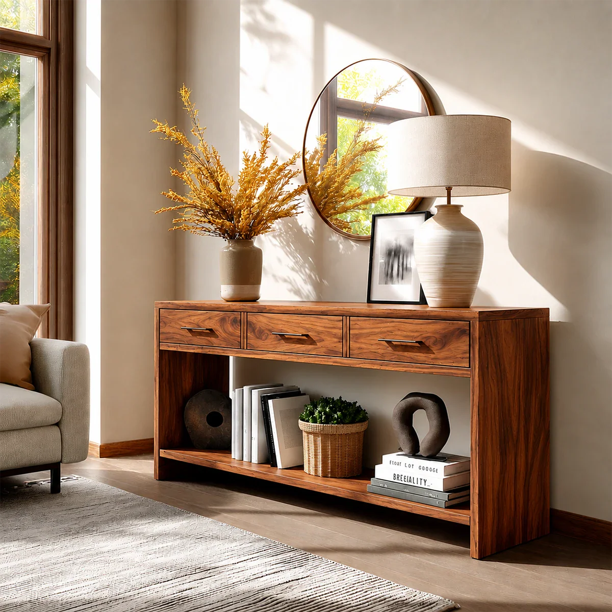 Sculpted Natural Solid Wood Console Table With Drawers and Open Shelf - ArborisWood - 12