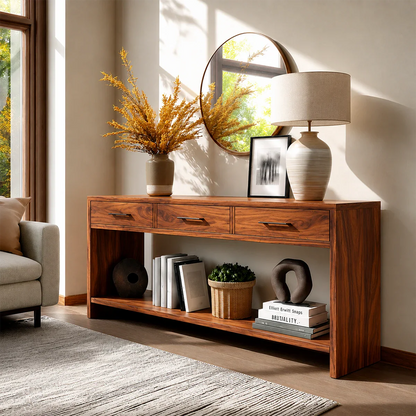 Sculpted Natural Solid Wood Console Table With Drawers and Open Shelf - ArborisWood - 13