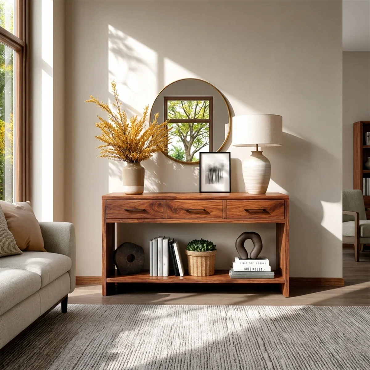 Sculpted Natural Solid Wood Console Table With Drawers and Open Shelf - ArborisWood - 2