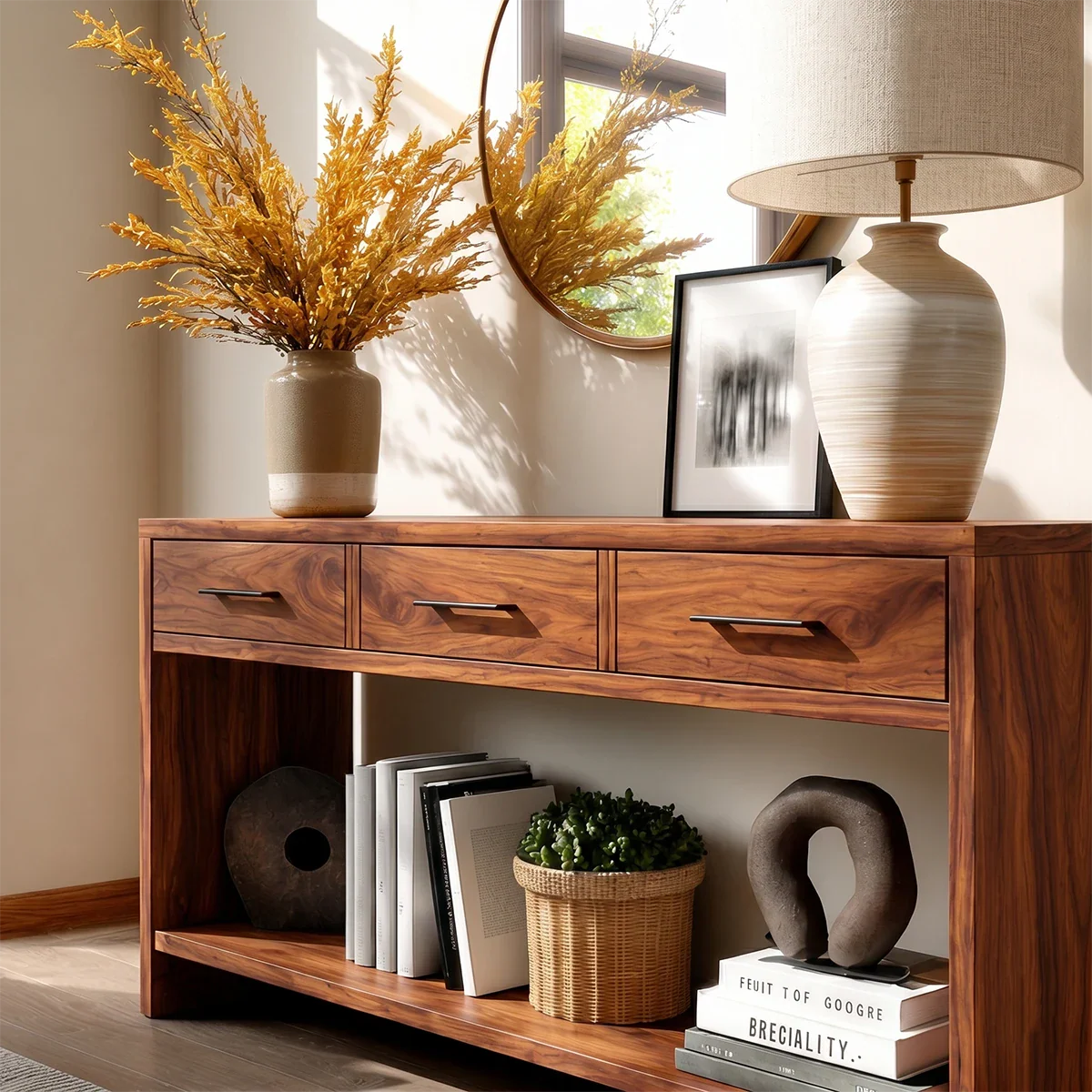 Sculpted Natural Solid Wood Console Table With Drawers and Open Shelf - ArborisWood - 3