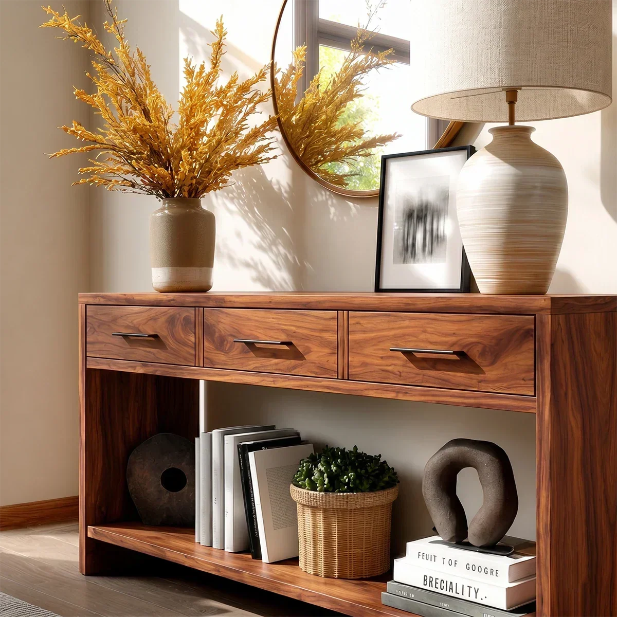 Sculpted Natural Solid Wood Console Table With Drawers and Open Shelf - Arboriswood - 3