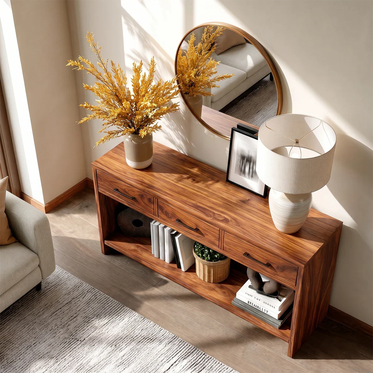 Sculpted Natural Solid Wood Console Table With Drawers and Open Shelf - ArborisWood - 5