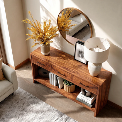 Sculpted Natural Solid Wood Console Table With Drawers and Open Shelf - ArborisWood - 5
