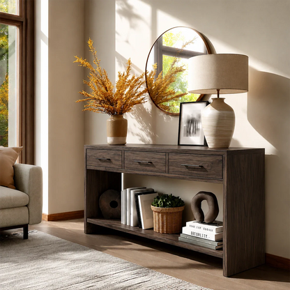 Sculpted Natural Solid Wood Console Table With Drawers and Open Shelf - ArborisWood - 6