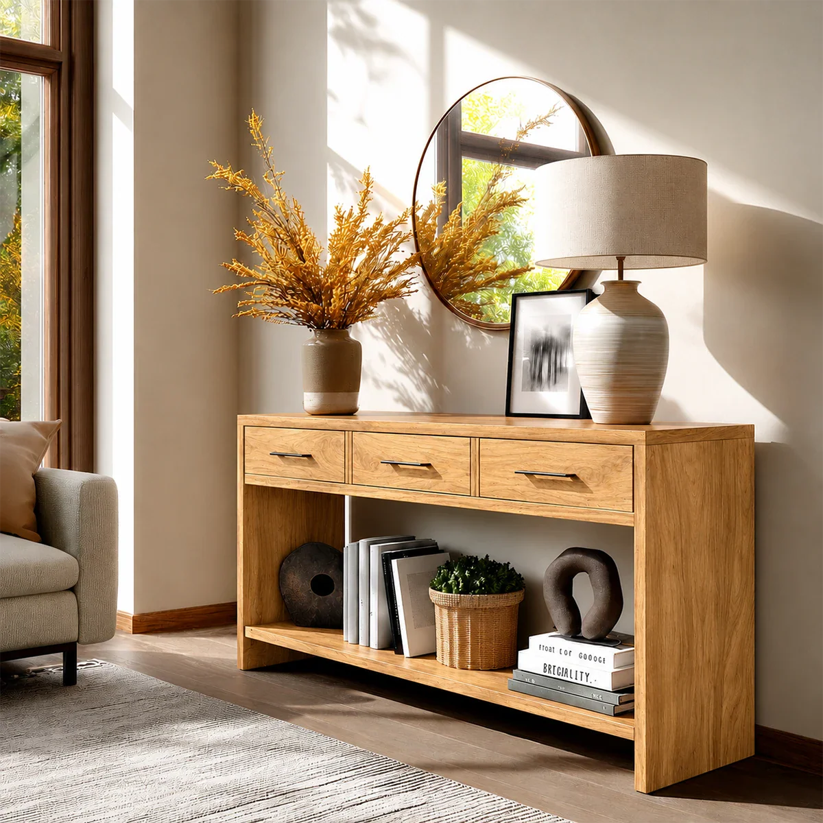Sculpted Natural Solid Wood Console Table With Drawers and Open Shelf - ArborisWood - 7