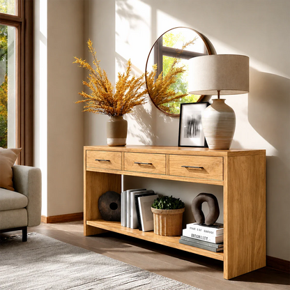 Sculpted Natural Solid Wood Console Table With Drawers and Open Shelf - ArborisWood - 7