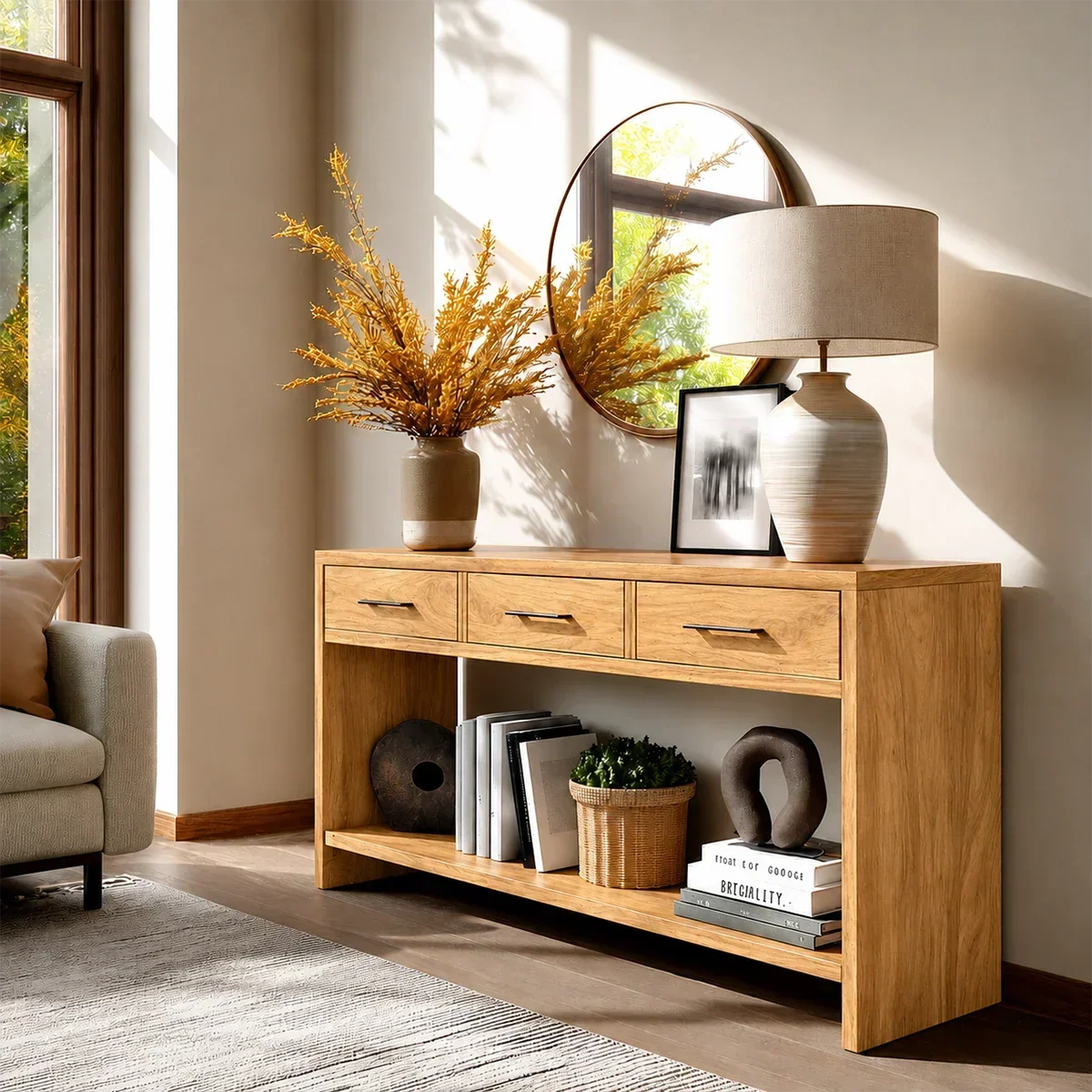 Sculpted Natural Solid Wood Console Table With Drawers and Open Shelf - Arboriswood - 7