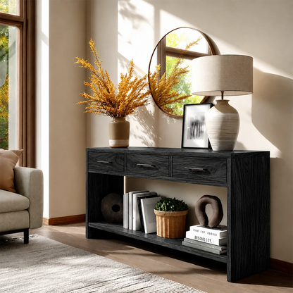 Sculpted Natural Solid Wood Console Table With Drawers and Open Shelf - ArborisWood - 8