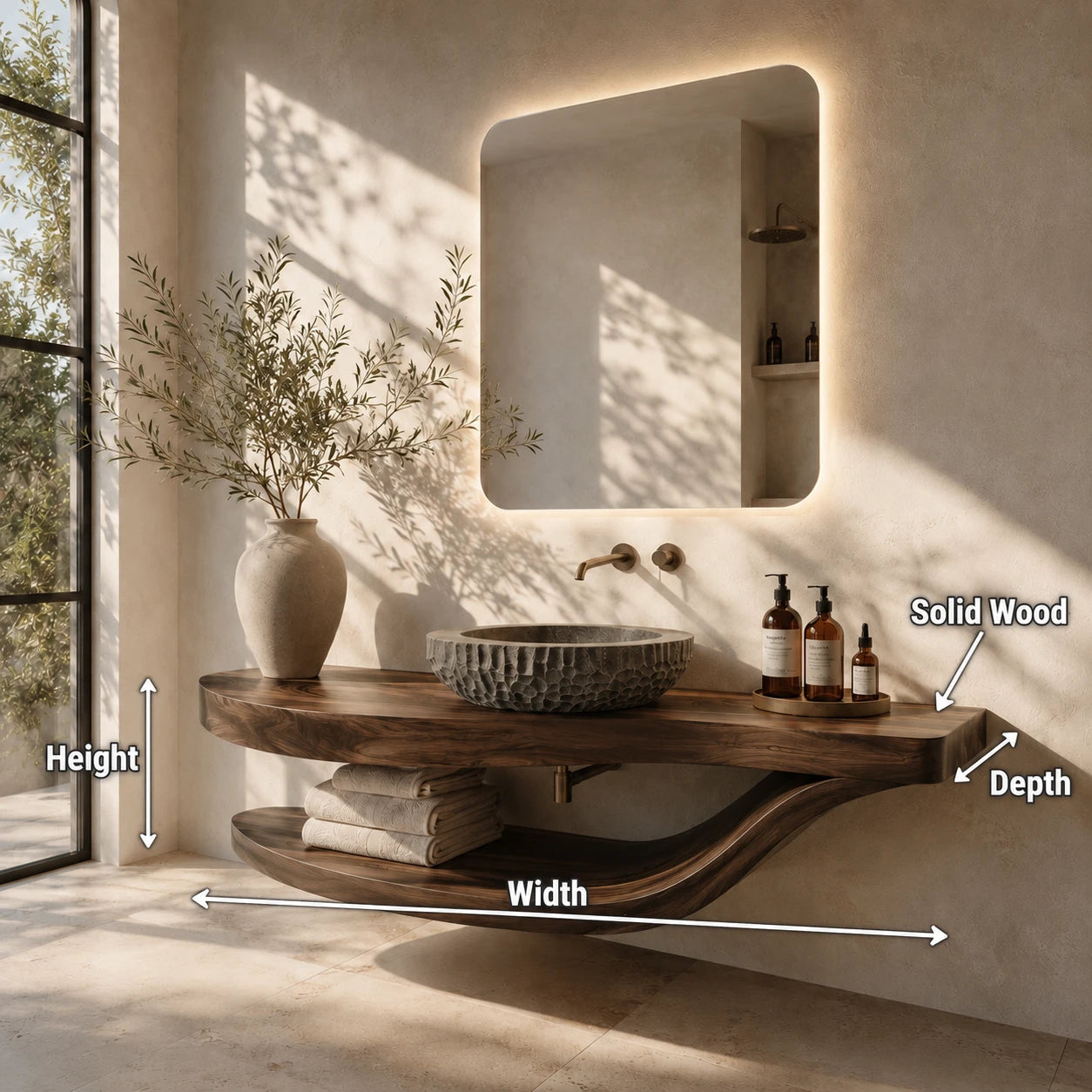 Sculpted Natural Solid Wood Floating Bathroom Vanity With Curved Shelf - ArborisWood - 10