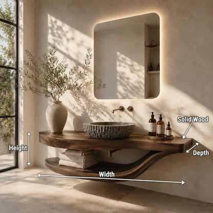 Sculpted Natural Solid Wood Floating Bathroom Vanity With Curved Shelf - ArborisWood - 10