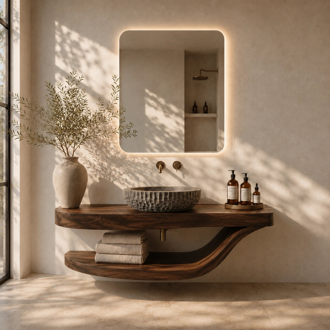 Sculpted Natural Solid Wood Floating Bathroom Vanity With Curved Shelf - ArborisWood - 11