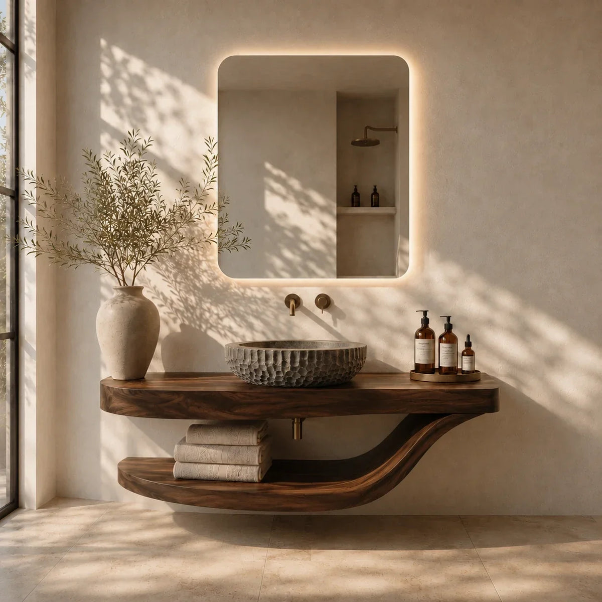 Sculpted Natural Solid Wood Floating Bathroom Vanity With Curved Shelf - Arboriswood - 11