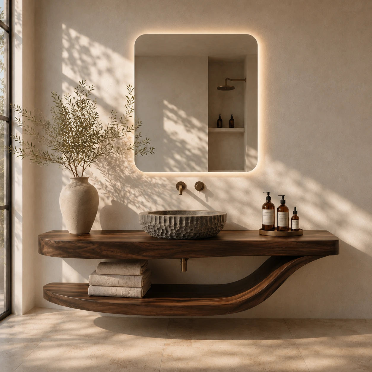 Sculpted Natural Solid Wood Floating Bathroom Vanity With Curved Shelf - ArborisWood - 12