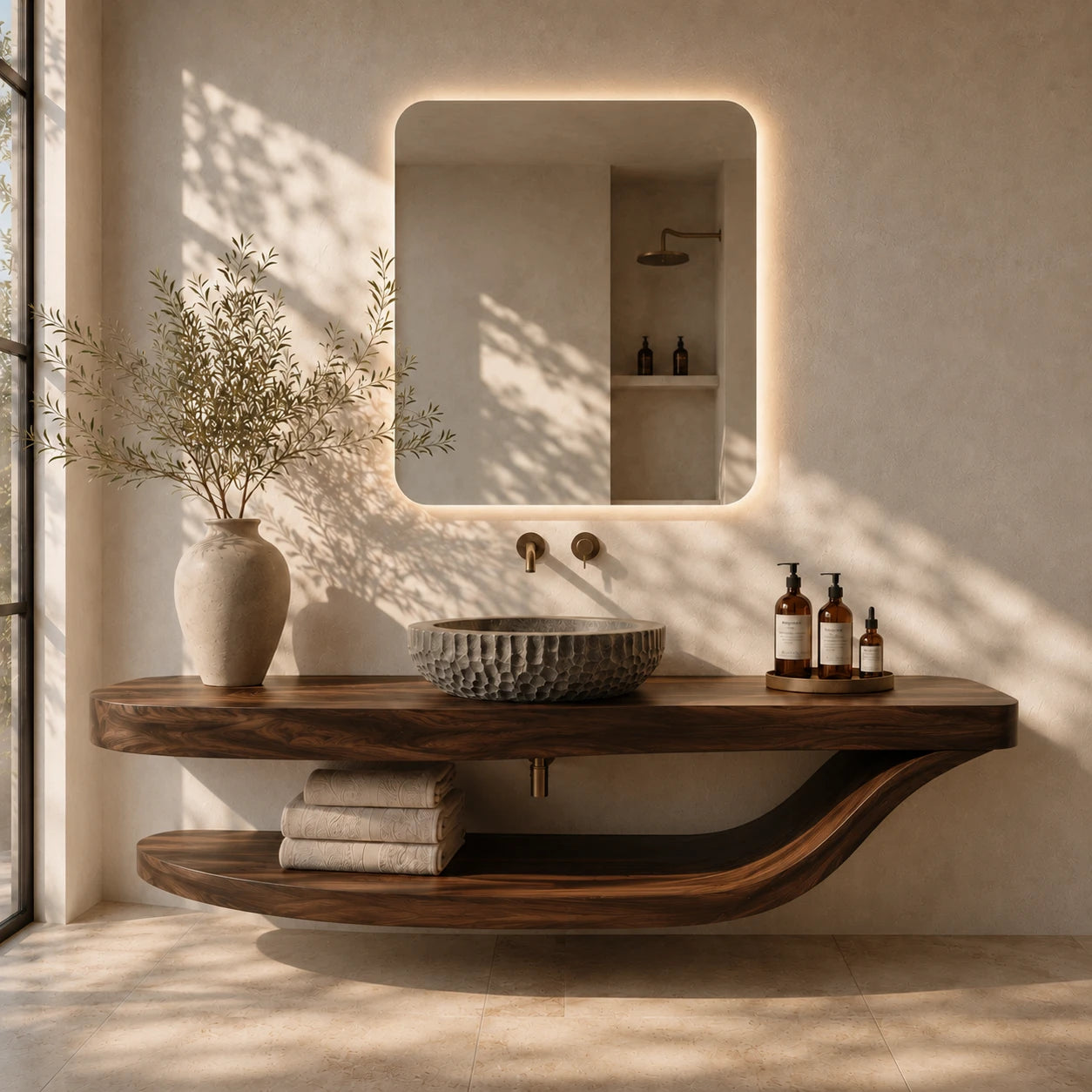 Sculpted Natural Solid Wood Floating Bathroom Vanity With Curved Shelf - ArborisWood - 13