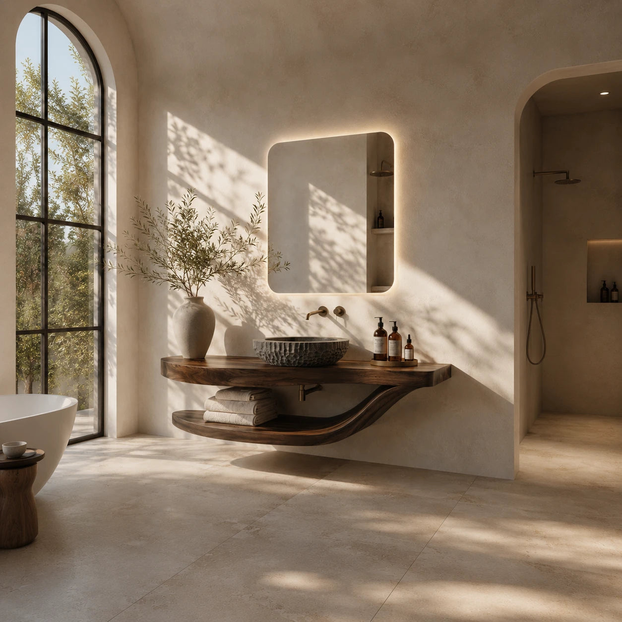Sculpted Natural Solid Wood Floating Bathroom Vanity With Curved Shelf - ArborisWood - 2