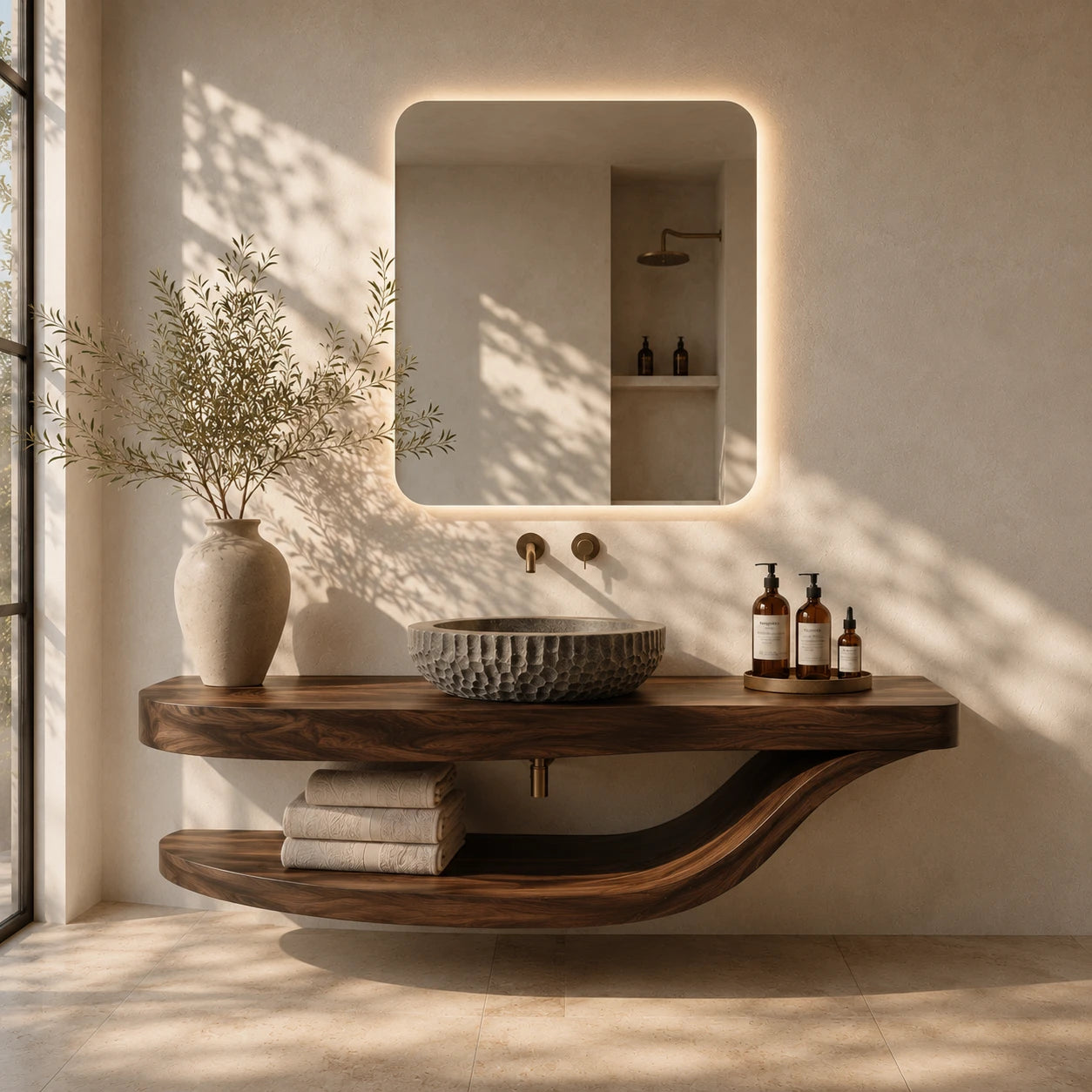 Sculpted Natural Solid Wood Floating Bathroom Vanity With Curved Shelf - ArborisWood - 3